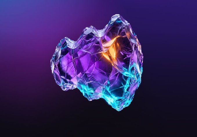 A 3D rendered crystalline object with glowing purple, cyan, and amber colors floats against a dark purple gradient background.