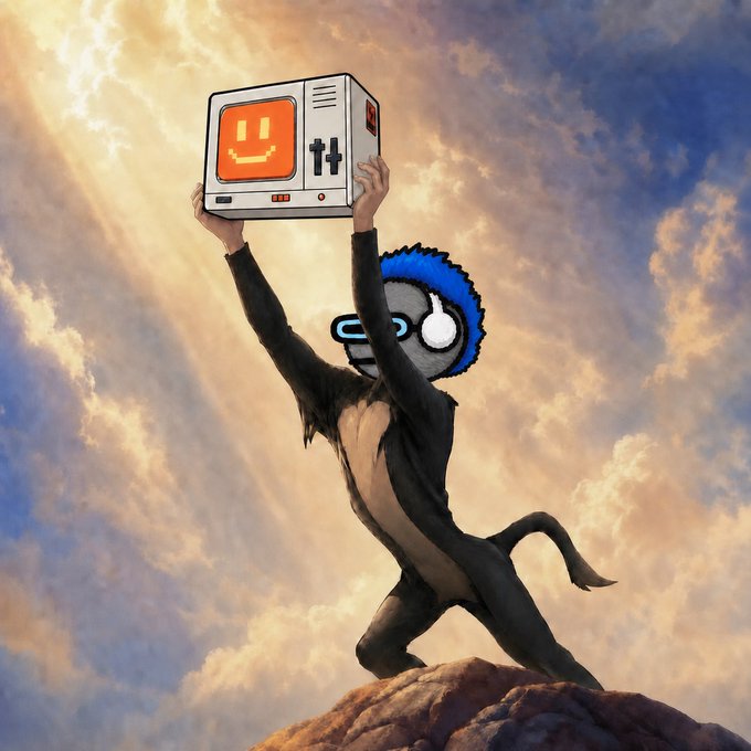 A digital illustration shows a chimpanzee wearing blue VR goggles standing on a rock and triumphantly hoisting a retro television displaying an orange pixelated smiley face against a dramatic cloudy sky.