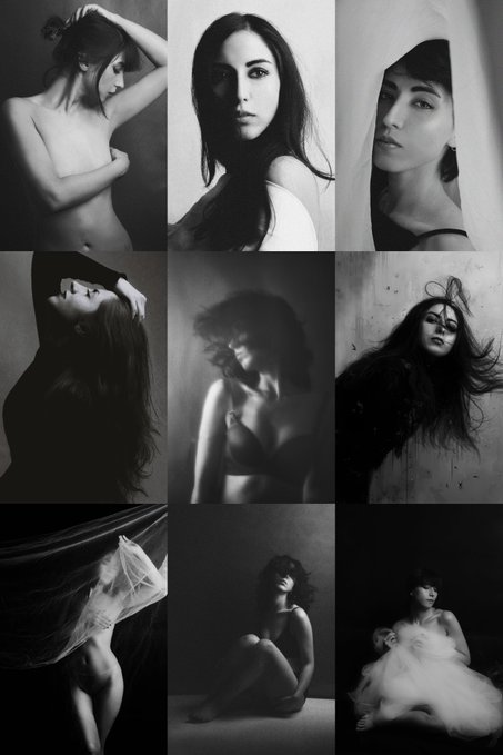 A 3x3 grid of artistic black and white portraits featuring various women in moody, cinematic poses. While the image contains no text, it serves as a visual accompaniment to the "#tezostuesday" post.