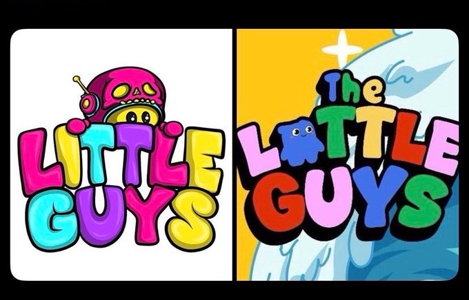 Two colorful logos for the app 'Little Guys', one featuring a pink robot character and the other showing a blue character against a stylized background.