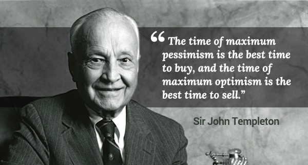 A black-and-white portrait of investor Sir John Templeton accompanies the quote: "The time of maximum pessimism is the best time to buy, and the time of maximum optimism is the best time to sell." The image reinforces the post's message about using Templeton's contrarian wisdom to argue that crypto's bear market pessimism signals a buying opportunity for Bitcoin and XRP.
