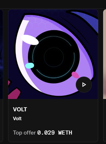 The image shows a digital collectible card titled "VOLT" featuring a stylized purple eye design with a play button, displaying a top offer of 0.029 WETH. This relates to the post as it appears to showcase a recent successful NFT mint from the @0xAlphaGEMs team, with the listed price representing the current market value of the newly minted Volt collectible.
