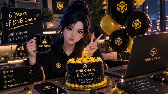 AI-generated image celebrating '6 Years of BNB Chain' showing a woman with a branded cake, mug, laptop, and balloons featuring the BNB logo.