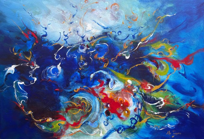 The image features a large abstract painting with blue, red, yellow, green, white, and black colors. The painting appears to be done using an acrylic medium, giving it a textured appearance. It is displayed on a canvas that is 28x40 cm in size. The painting seems to depict a chaotic scene or pattern, possibly resembling the ocean waves. The artist's signature can be seen at the bottom of the image.
