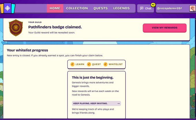 A screenshot of a web interface showing 'YOUR GUILD' progress for 'Pathfinders badge claimed' with a 'VIEW MY REWARDS' button and text about 'whitelist progress'.