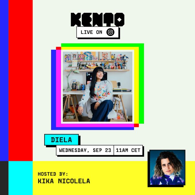A colorful event flyer for 'KEMO LIVE ON Instagram' featuring the guest 'DIELA' on Wednesday, Sep 23 at 11AM CET, hosted by Kika Nicolela, with a photo of Diela in her art studio surrounded by collectibles.