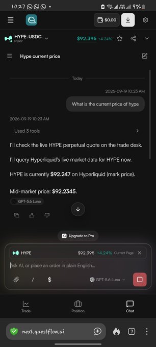 Mobile screenshot of a trading interface showing the live HYPE-USDC perpetual pair on Hyperliquid, with the AI assistant GPT-5.6 Luna reporting a mid-market price of $92.2345.