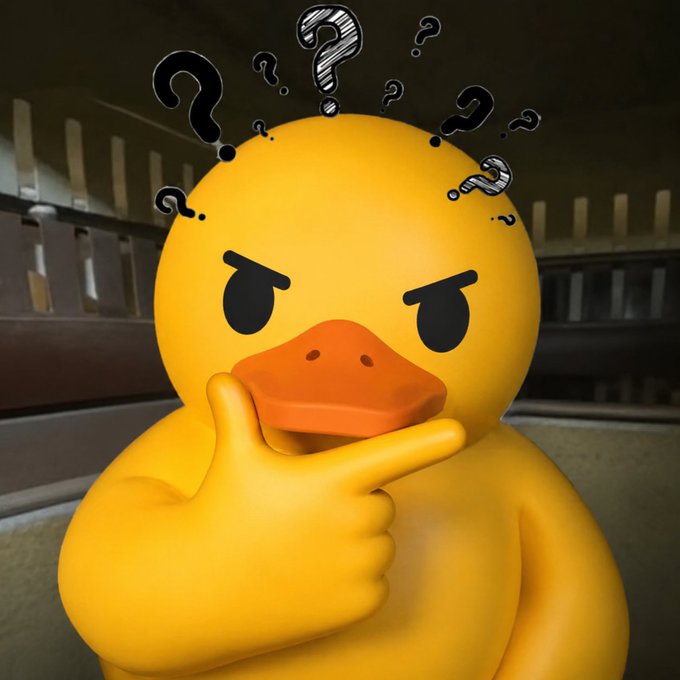 A 3D-rendered yellow duck character with an angry expression stands with a finger to its chin in thought, surrounded by drawn question marks above its head.