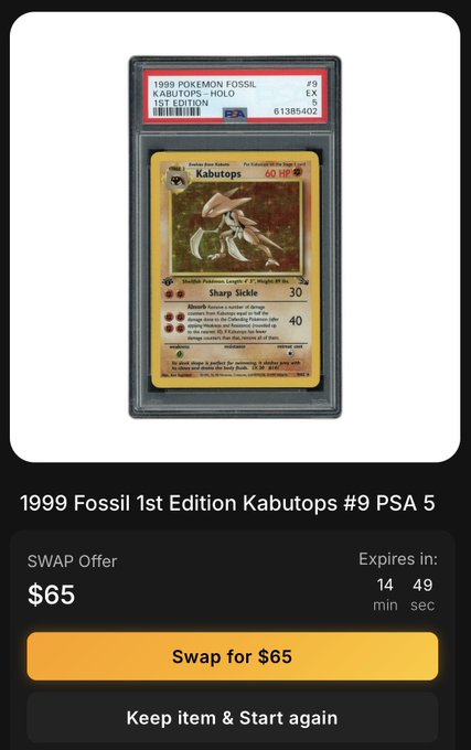 A graded PSA 5 trading card listing for a 1999 Fossil 1st Edition Kabutops #9 Hologo Pokemon card, with a SWAP offer of $65 expiring in 14 minutes 49 seconds.