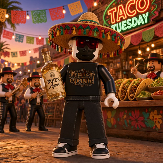 A toy figure wearing a sombrero and sunglasses holds a 'NOIDS Agave' bottle at a 'TACO TUESDAY' market, with 'My parts are expensive!' written on its torso and mariachi-style figures in the background.