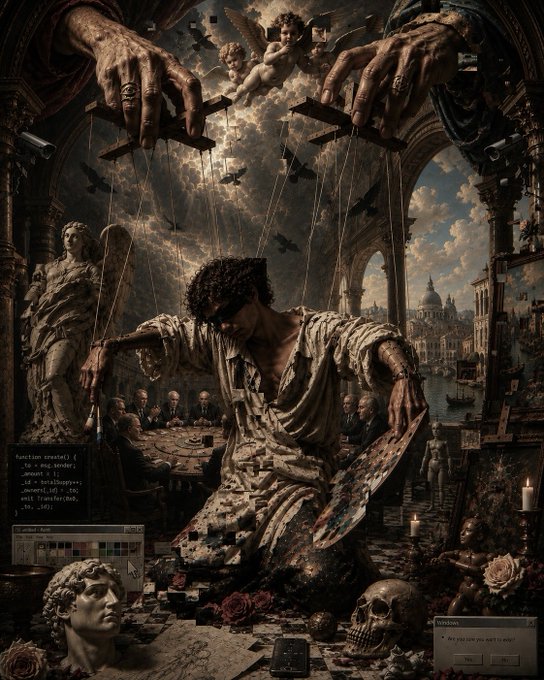 A baroque-style digital artwork depicting a paint-splattered artist at an easel, controlled as a marionette by giant hands from above, with cherubs, classical statues, and a skull in the composition.