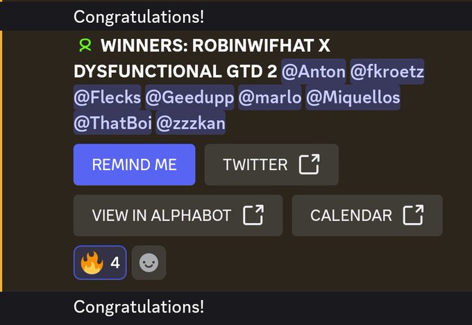 A screenshot shows a congratulations message for winners of a giveaway featuring the tags @robinwifhat and @Dysfunctional, with winners including @Anton, @fkroetz, @Flecks, @Geedupp, @marlo, @Miquellos, @ThatBoi, and @zzzkan, with options to remind, share to Twitter, view in Alphabot, or add to calendar.