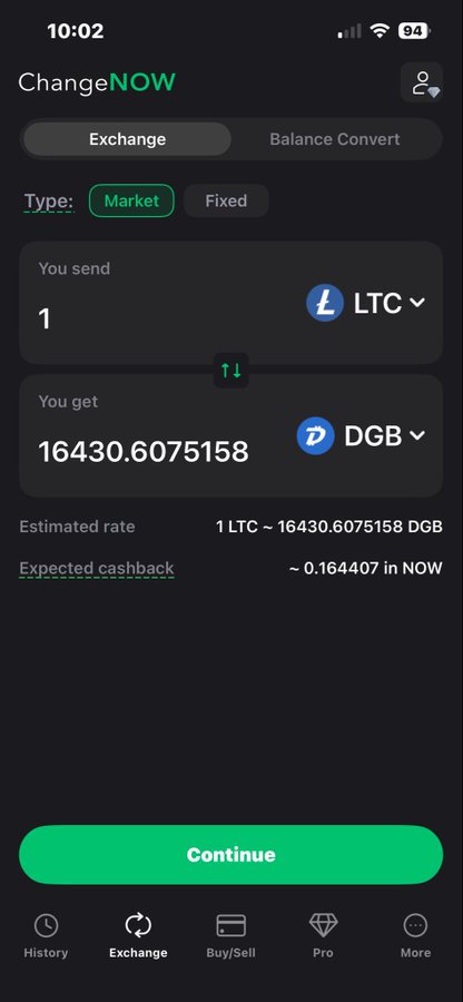Screenshot of the ChangeNOW crypto exchange app showing a conversion of 1 LTC to 16430.6075158 DGB at a market rate, with an expected cashback of ~0.164407 NOW.