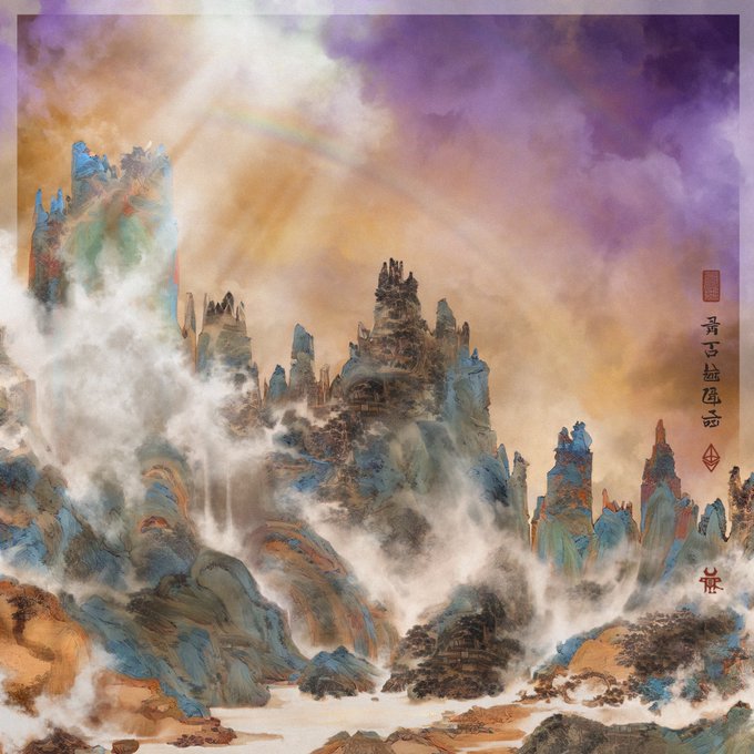 A misty, mountainous landscape painting featuring towering peaks, waterfalls, and rainbow-colored clouds in the sky, with Chinese characters and a red seal stamp reading "Mada" visible on the right side. The artwork's ethereal atmosphere and vibrant light breaking through the clouds visually echoes the post's poetic message about finding light and beauty within dark seasons.