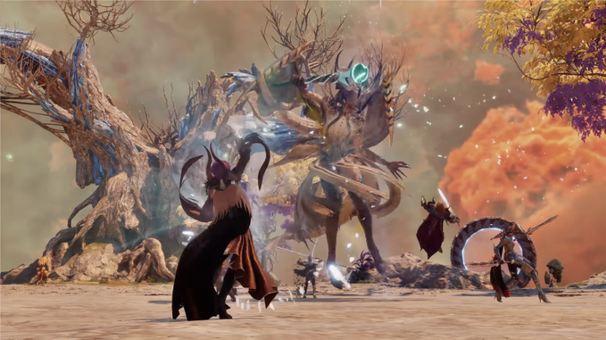 A fantasy video game battle scene showing a horned character in a long coat facing off against a large multi-headed dragon-like creature in a desert environment with magical effects.