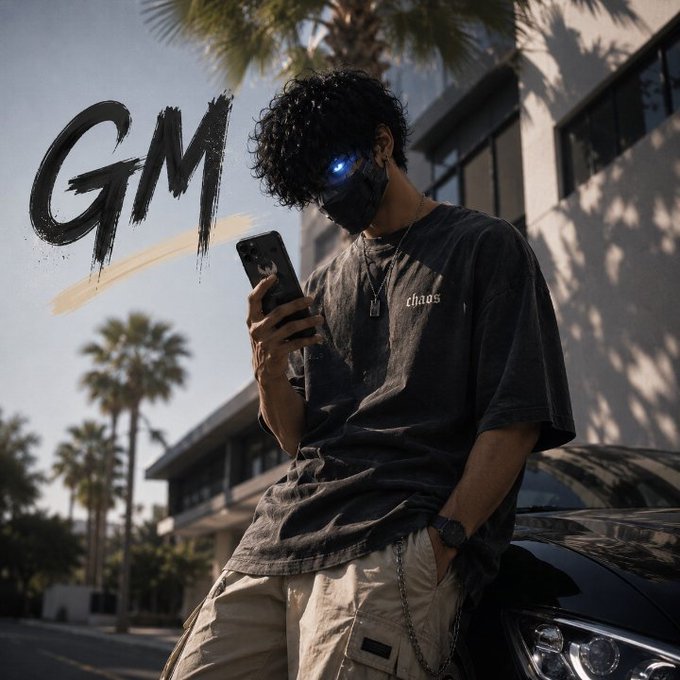 A stylized portrait of a person with curly hair wearing a black mask with glowing blue eyes, looking at a smartphone outdoors, with 'GM' written in large brushstroke text.