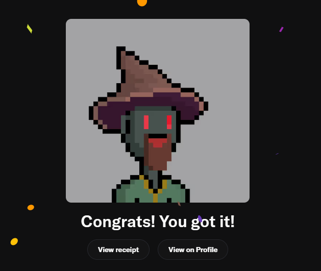 A digital congratulatory screen showing a pixel art character wearing a witch hat with red eyes and green clothing, with text reading 'Congrats! You got it!' and buttons for 'View receipt' and 'View on Profile'.