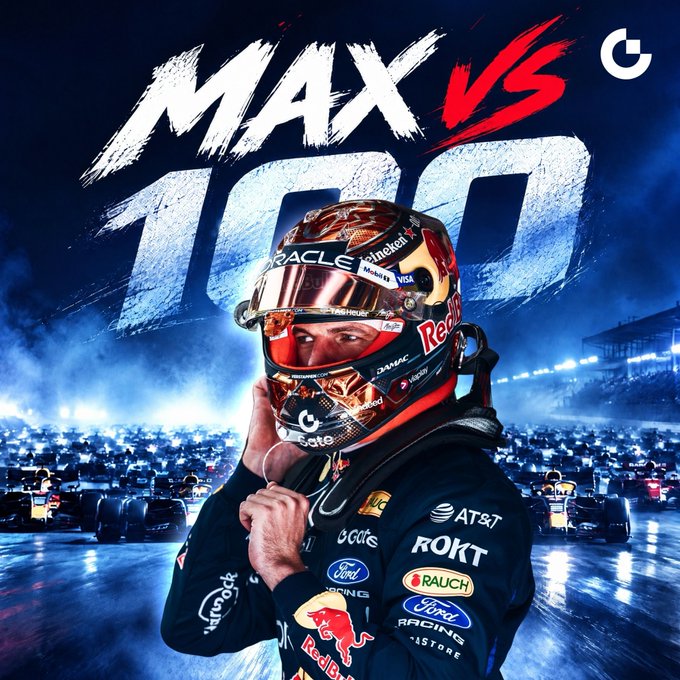 F1 driver Max Verstappen in his Red Bull racing suit and orange helmet stands in the foreground before a lineup of Formula 1 cars under stadium lights, with bold "MAX VS 100" text and the Gate.io logo above him — visually setting up the promotional premise of him overtaking 100 cars within 30 laps on the platform.