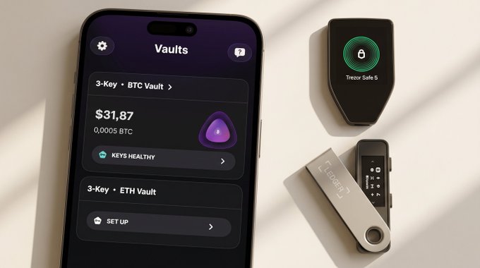 A smartphone displaying a 'Vaults' app showing '3-Key - BTC Vault' with $31.87 (0.0005 BTC) and 'KEYS HEALTHY' status, alongside a Trezor Safe 5 hardware wallet and a Ledger device.