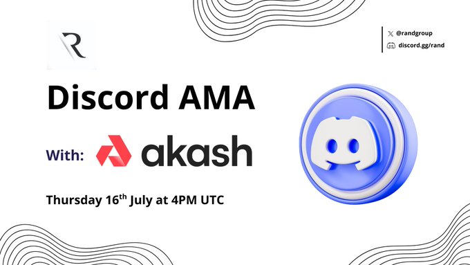 A promotional graphic for a 'Discord AMA With: akash' on 'Thursday 16th July at 4PM UTC', featuring the Akash logo and Discord branding, with links to '@randgroup' and 'discord.gg/rand'.