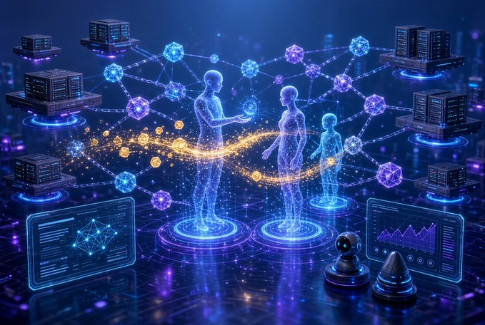 Three holographic human figures stand connected through glowing neural networks and data streams, flanked by server nodes with a floating information panel and what appears to be a chess piece, visualizing the decentralized convergence of AI, blockchain, and human interaction described in the post about Web3's transformative potential.