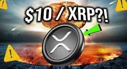 A dramatic promotional image shows a large XRP coin centered against an erupting volcano background, with the bold text "$10 / XRP?!" and warning icons flanking the coin, visually reinforcing the post's speculative claim about XRP reaching $10 and promoting the new memecoin #XPUMP on the XRP Ledger.