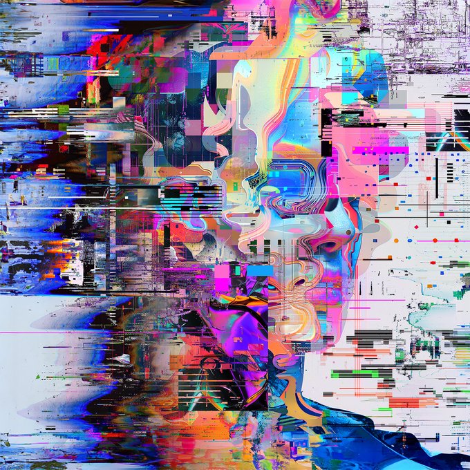A vibrant glitch-art digital composition bursts with chaotic color—electric blues, magentas, and cyans—featuring a distorted, melting humanoid figure that appears to be fracturing through layers of pixelated static and chromatic distortion. The "Under the Skin" aesthetic perfectly mirrors the post's theme, as the figure seems literally stripped of its outer layer, revealing an abstract, glitching interior that embodies the work's title.