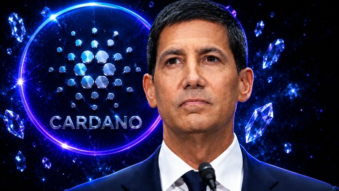 A man in a suit stands before a blue space-themed backdrop featuring the Cardano logo and floating diamonds.