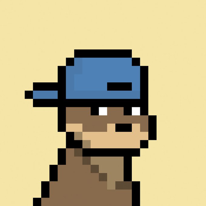 A pixel art character wearing a blue cap with a black band, against a pale yellow background. The simple, blocky design fits the "starter pack" theme of the post, depicting a dog with a cap in the style of an early video game sprite.