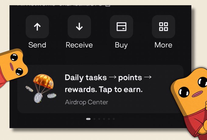 A dark app interface showing 'Send', 'Receive', 'Buy', and 'More' buttons, with a banner below reading 'Daily tasks → points → rewards. Tap to earn. Airdrop Center', decorated with cartoon toast characters wearing red shirts.