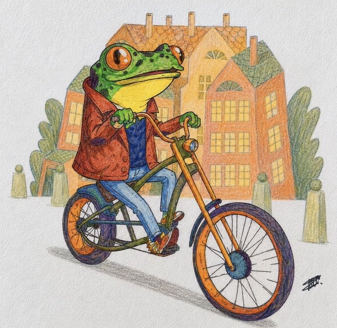 A whimsical watercolor-style illustration shows an anthropomorphic frog wearing a red jacket and blue jeans, riding a green bicycle through a quaint town with orange and brown buildings in the background. The charming, lighthearted artwork contrasts with the promotional post about zygofuture.com's comparison to Kalshi and Polymarket, lending a playful and approachable tone to the otherwise technical commentary on prediction market platforms.