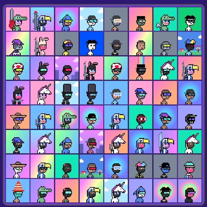 A grid of pixel art character portraits featuring various stylized avatars with different colored backgrounds, hats, and accessories.