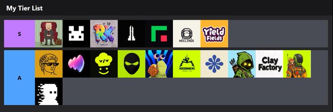 A tier list image titled "My Tier List" displays NFTs organized into S and A tiers, with S-tier featuring projects like MutualFun, RareFriendsNFT, Rebelkins, standard, ArcLabs, and YieldFields, while A-tier includes akadotfun, voice, and vibe, matching Owen's curated selection of top NFT projects to watch.