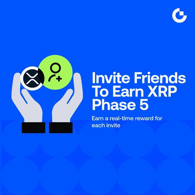 The image features a blue background with white text that reads "Invite Friends To Earn XRP Phase 5 Is Live One referral, one reward, credited instantly. Invite friends to earn XRP Earn 2 XRP for every successful friend referral Refer 3 / 8 / 20 friends to Unlock extra bonus rewards of up to 15 XRP Friends who complete the". The image is a graphic representation of the XRP phase 5 challenge and it encourages people to invite their friends to participate in the challenge.
