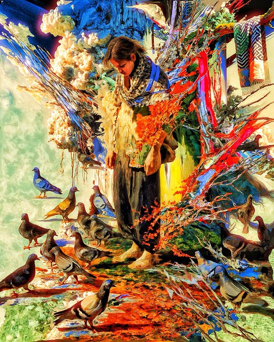 A vibrant, colorful painting depicting a person standing barefoot among many pigeons, surrounded by lush foliage, flowers, and splashes of paint in an impressionistic style.