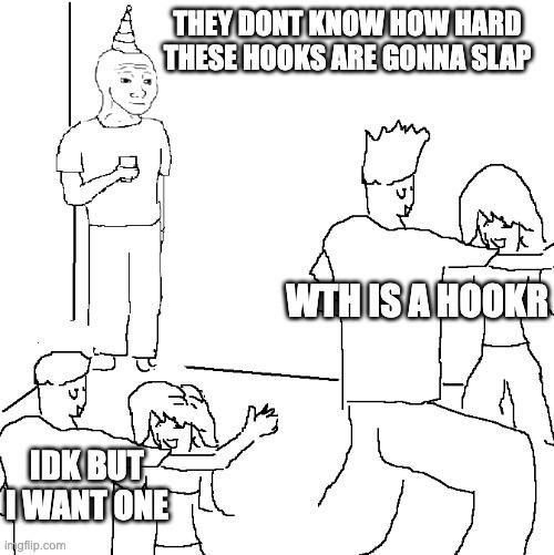 This image is a meme from the "Party Pete" template, featuring a partygoer excitedly announcing "They don't know how hard these hooks are gonna slap," while confused attendees ask "WTH is a hookr" and another responds "IDK but I want one." 

The meme humorously relates to the post by playfully hyping an upcoming "Arb Recaptures" feature from @whatthehookv4, mirroring how partygoers don't fully understand what a "hook" is but are eager to join in.