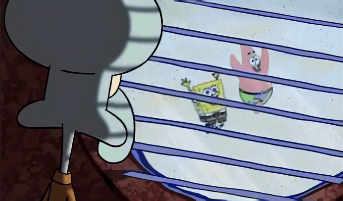 A scene from the animated show SpongeBob SquarePants showing Squidward in silhouette looking through window blinds at SpongeBob and Patrick outside.