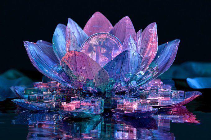 A digital 3D rendering of a Bitcoin coin nestled inside a translucent pink and blue crystal lotus flower, sitting on a reflective surface.
