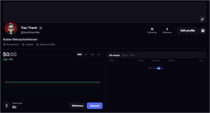 A profile page for 'Tran Thanh' (@tranthanhbk) on what appears to be a crypto or trading platform, showing 'Builder RetroactiveVietnam' with 19 Following, 3 Followers, 0 trades, and a total cash balance of $0.