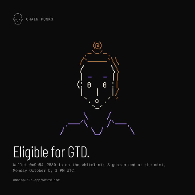 A digital graphic with the text 'CHAIN PUNKS', 'Eligible for GTD.', 'Wallet 0x9c54...2880 is on the whitelist: 3 guaranteed at the mint, Monday October 5, 1 PM UTC.', and 'chainpunks.app/whitelist', featuring a pixelated character illustration.