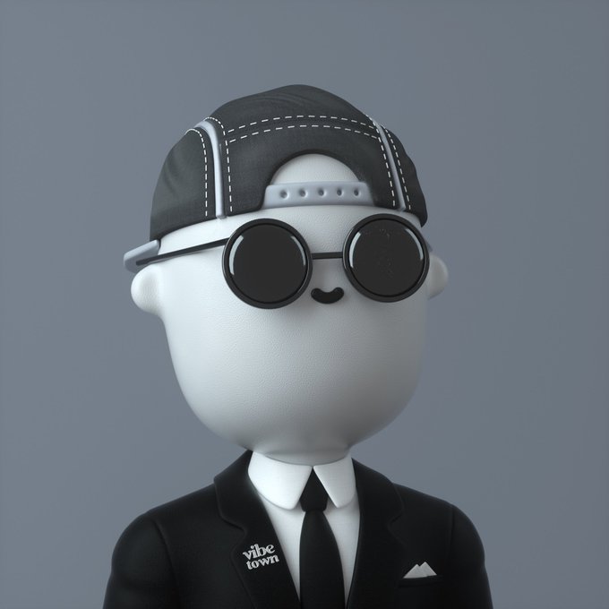 A 3D-rendered figurine of a pale character wearing a black cap, round sunglasses, and a black suit with a 'vibe town' badge.