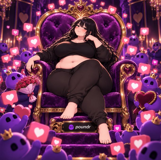 An anime-style illustration shows a plus-sized woman with long dark hair lounging on a luxurious purple throne, surrounded by cute purple mascots holding hearts and a bouquet of flowers. The image ties to the post's promotion of "$HEV" and its new dating app "Poundr" (visible as a logo on the throne), depicting the "heavier girls" niche the app is targeting in a whimsical, attention-grabbing way.