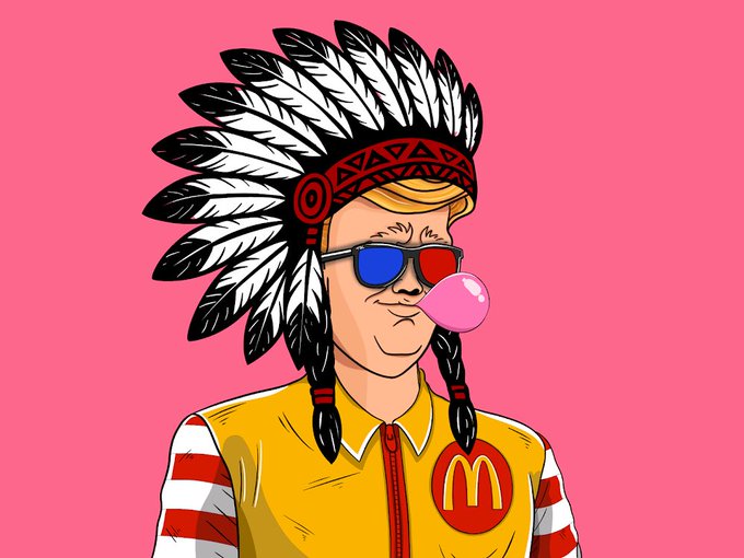 A cartoon illustration of a character wearing a Native American-style feather headdress, red and blue 3D glasses, and a yellow and red striped McDonald's uniform, blowing a pink bubblegum bubble against a pink background.