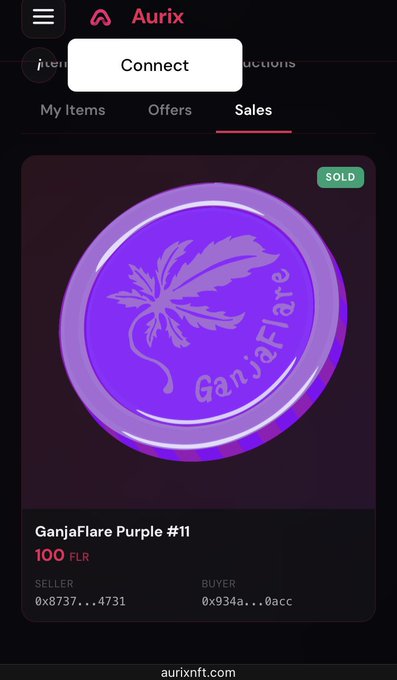 Aurix NFT app screenshot showing a 'Sales' tab with a sold 'GanjaFlare Purple #11' token priced at 100 FLR, listing seller and buyer wallet addresses.
