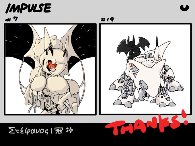 Illustration titled 'IMPULSE #7' and '#19' showing two creature designs, with Japanese text 'Στέφανος | 冠斗' and red 'THANKS!' text.