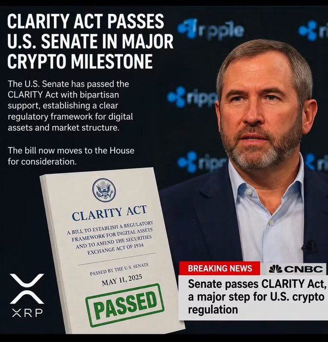 A CNBC news graphic announces the U.S. Senate's bipartisan passage of the CLARITY Act on May 11, 2025, featuring Ripple CEO Brad Garlinghouse alongside the bill document and XRP logo, highlighting its significance for digital asset regulation and potential institutional adoption of XRP.