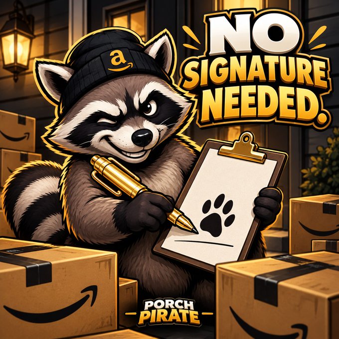 An illustration of a raccoon wearing an Amazon beanie and signing a clipboard, with the text 'NO SIGNATURE NEEDED' and 'PORCH PIRATE' surrounded by Amazon boxes.