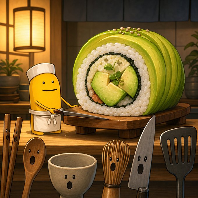 An illustrated scene features a yellow banana-like chef character in a white uniform preparing to slice a large sushi roll wrapped in green avocado on a wooden cutting board, surrounded by anthropomorphic kitchen utensils with surprised expressions.