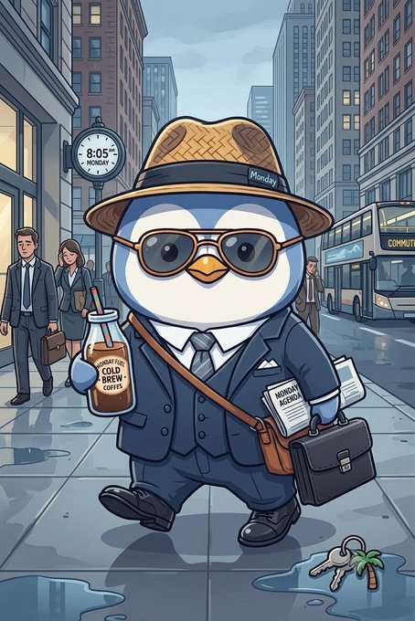 An illustration of an anthropomorphic penguin wearing a straw hat, sunglasses, a blue suit, and carrying a briefcase and 'COLD BREW COFFEE' bottle on a city street.