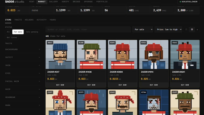 A screenshot of the ZADDR Studio marketplace displays pixel-art character NFTs for sale, with prices ranging from 0.023 to 0.026 ZEC, showing 401 items listed under the "For sale" tab. The interface shows traits like headwear, skin, eyes, facial hair, and hair filters, illustrating the post's mention of snagging low-priced items before others do.